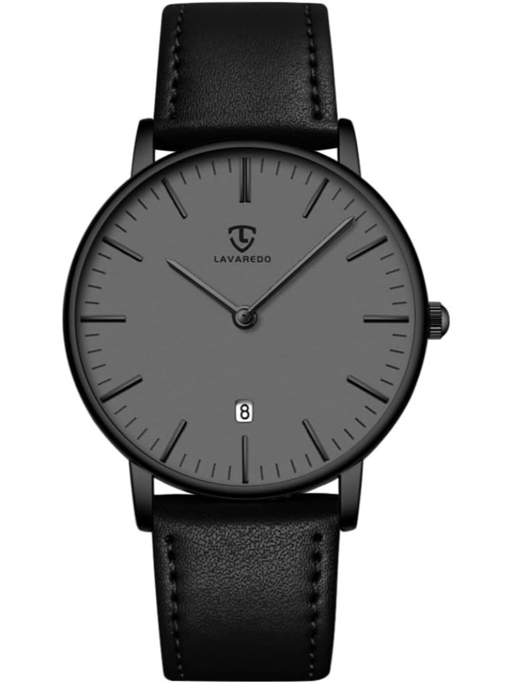 LAVAREDO Men's Black Grey Minimalist Wrist Watch Leather Strap And Date Display